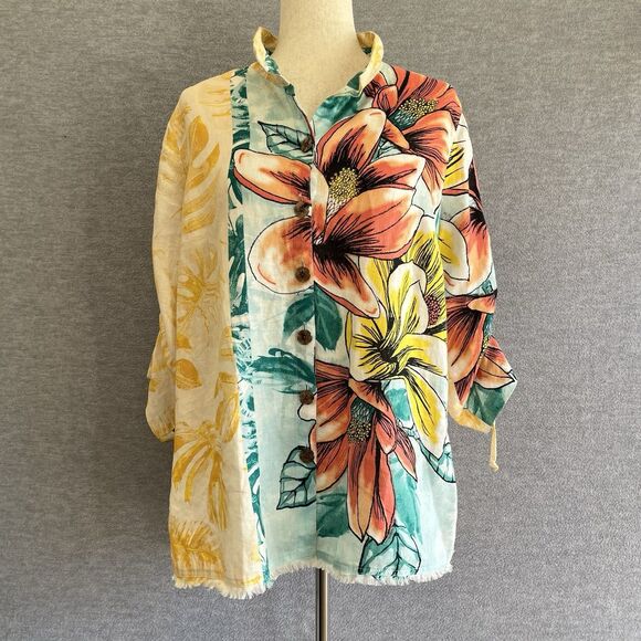 John Mark Linen Tropical Floral Top Size L Lagenlook Aloha Wired Collar Resort - Picture 2 of 15